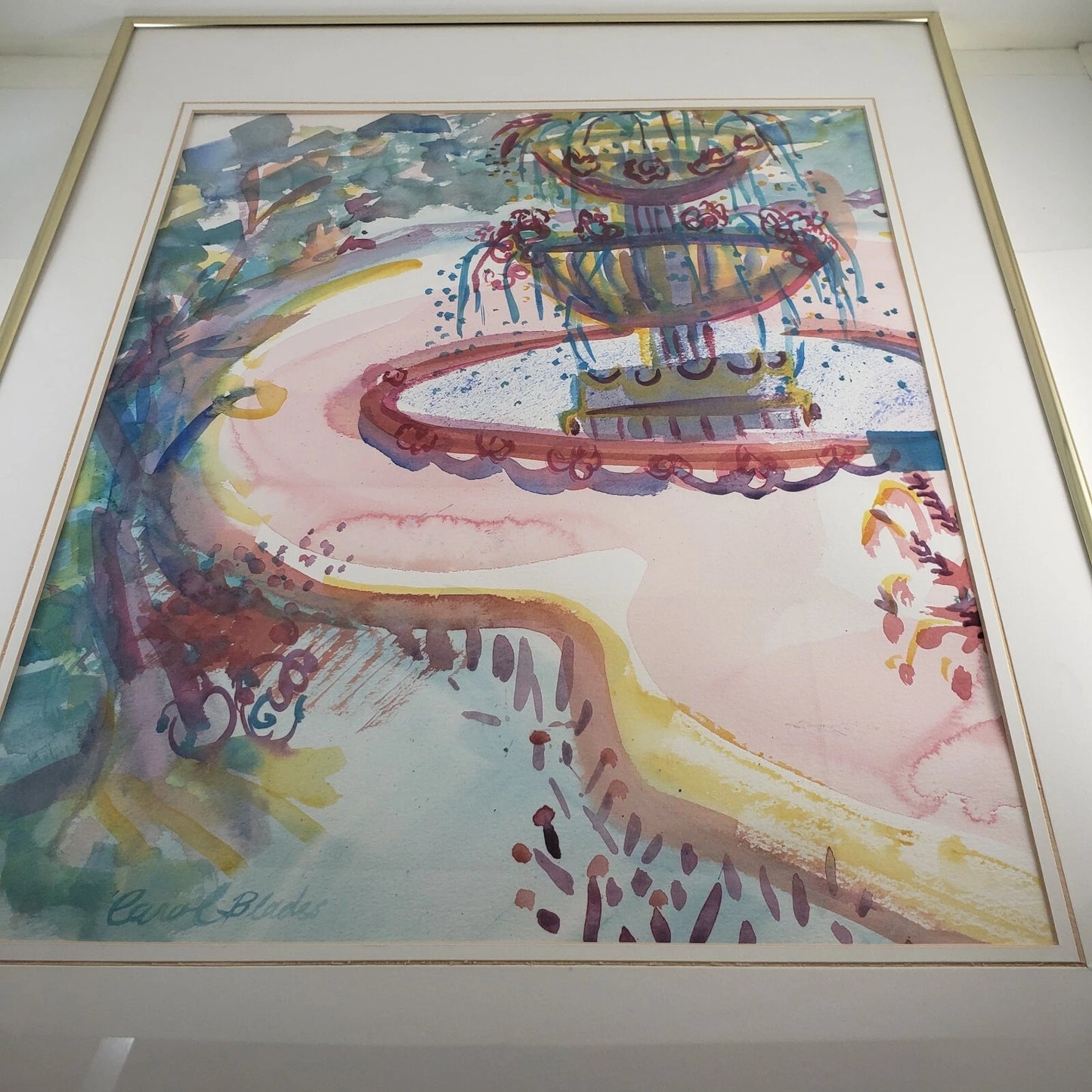 Original Watercolor Painting Water Fountain Lancaster OH Carol Blades Framed