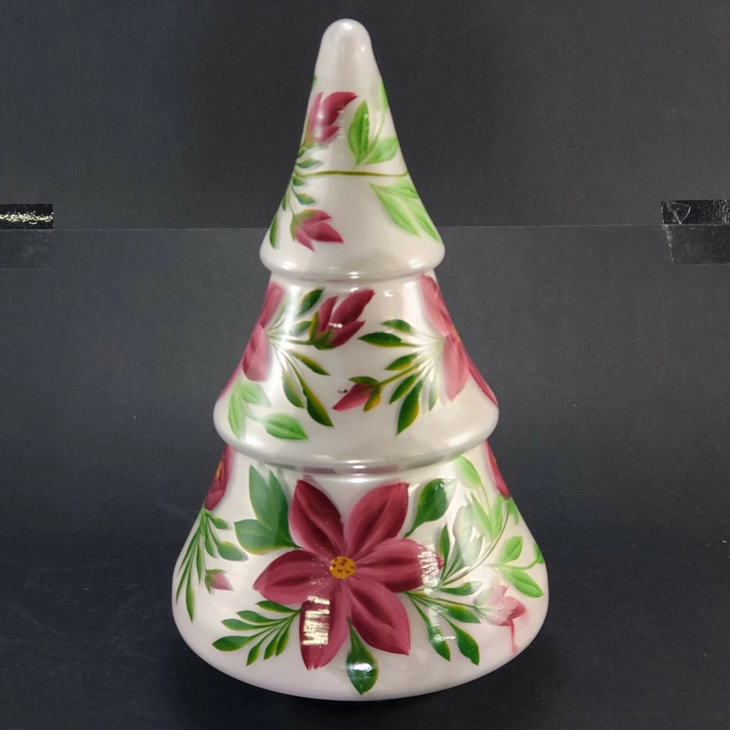 Shabby Chic Frosted Glass Christmas Tree Hand Painted Poinsettia 11.5" NWT India