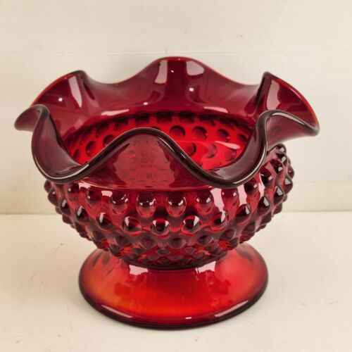 Fenton Old Virginia Glass Bowl Ruby Red Hobnail Footed Ruffled Edge Vintage 6"