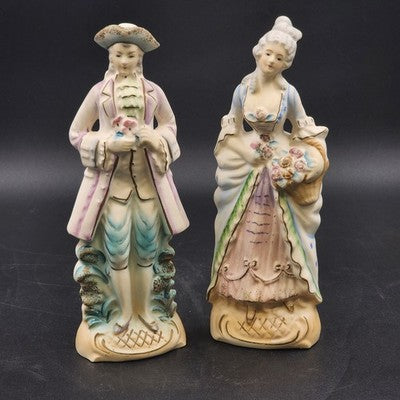 Colonial Man & Woman Figurines 10.5" Painted Porcelain Bisque Occupied Japan