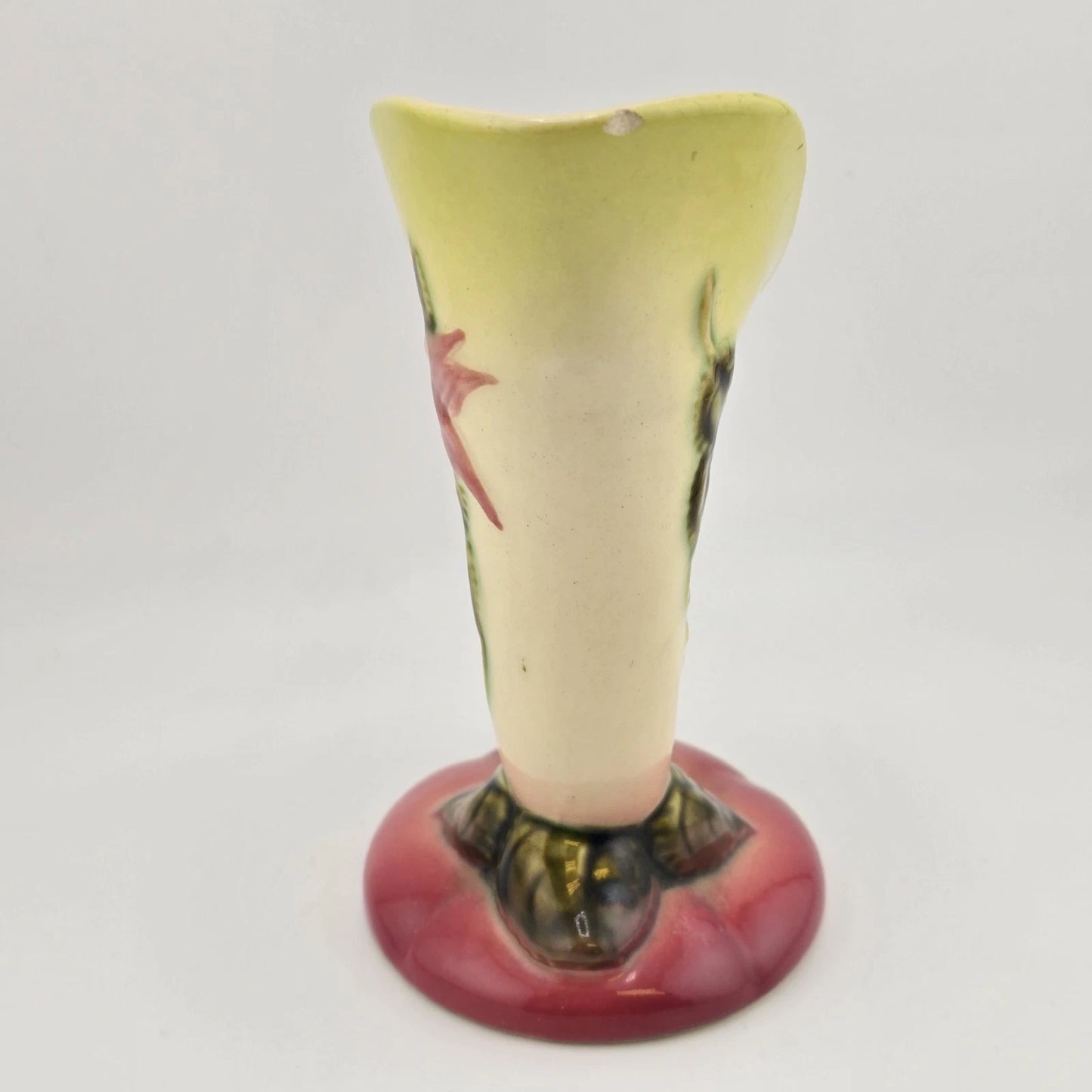 Hull Pottery W2 Woodland Cornucopia Vase 5.5" Chartreuse Pink Glossy 1950's Vtg