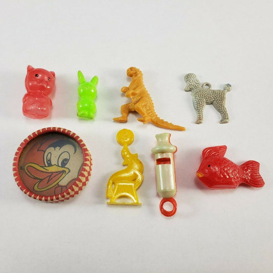 8 Pc Cracker Jack Toys Vintage Whistle Duck Game Dog Dinosaur Cat Rabbit