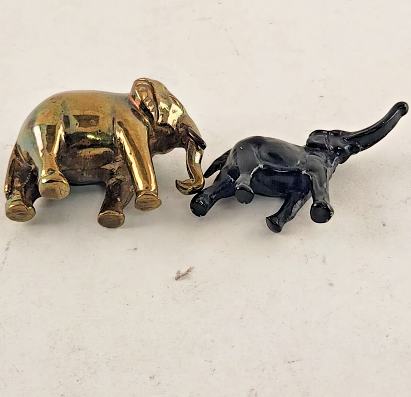 2 Metal Elephants Miniature Black & Brass Good luck Figure Statue Truck Up Down