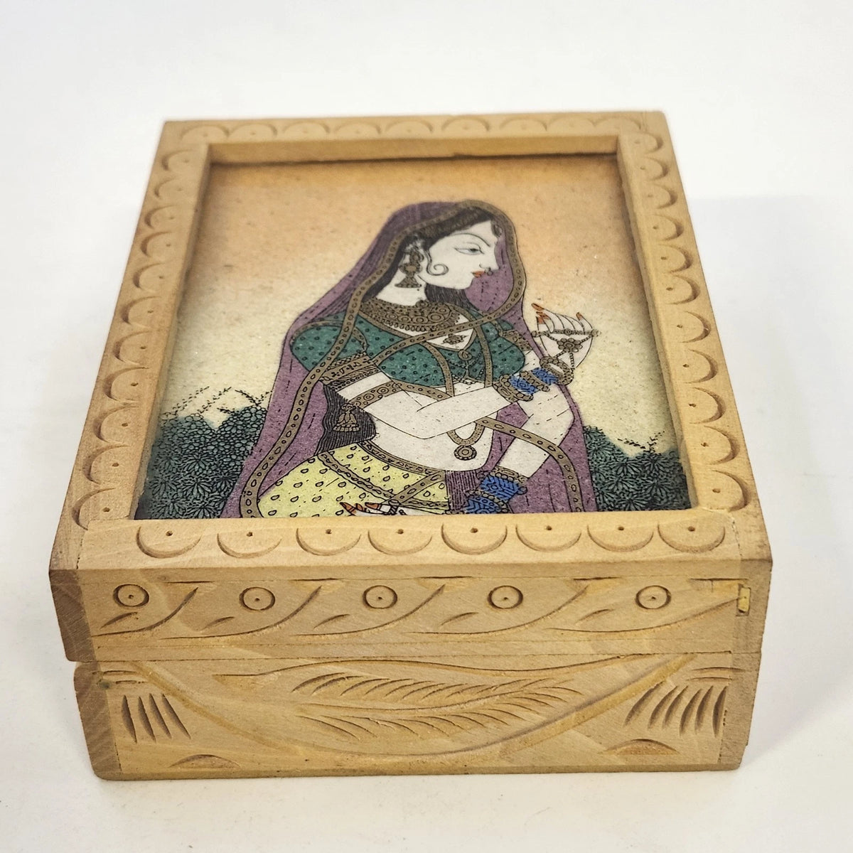 Gemstone Dust Powder Painting Wood Trinket Jewelry Box 4.5" Bani Thani India Vtg