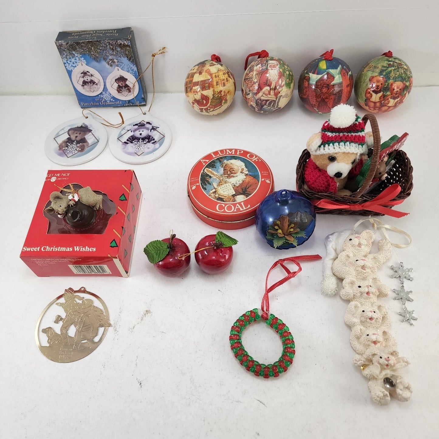 Christmas Holiday Ornament Lot 14 pcs + Tin Coal Mix Boyds Bear Rockwell Apples