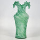 Green Art Glass Vase White Swirl Ruffled Scalloped Top Edge Hand Blown 9" Tall