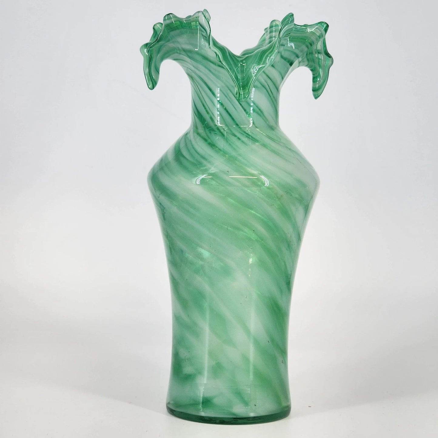 Green Art Glass Vase White Swirl Ruffled Scalloped Top Edge Hand Blown 9" Tall