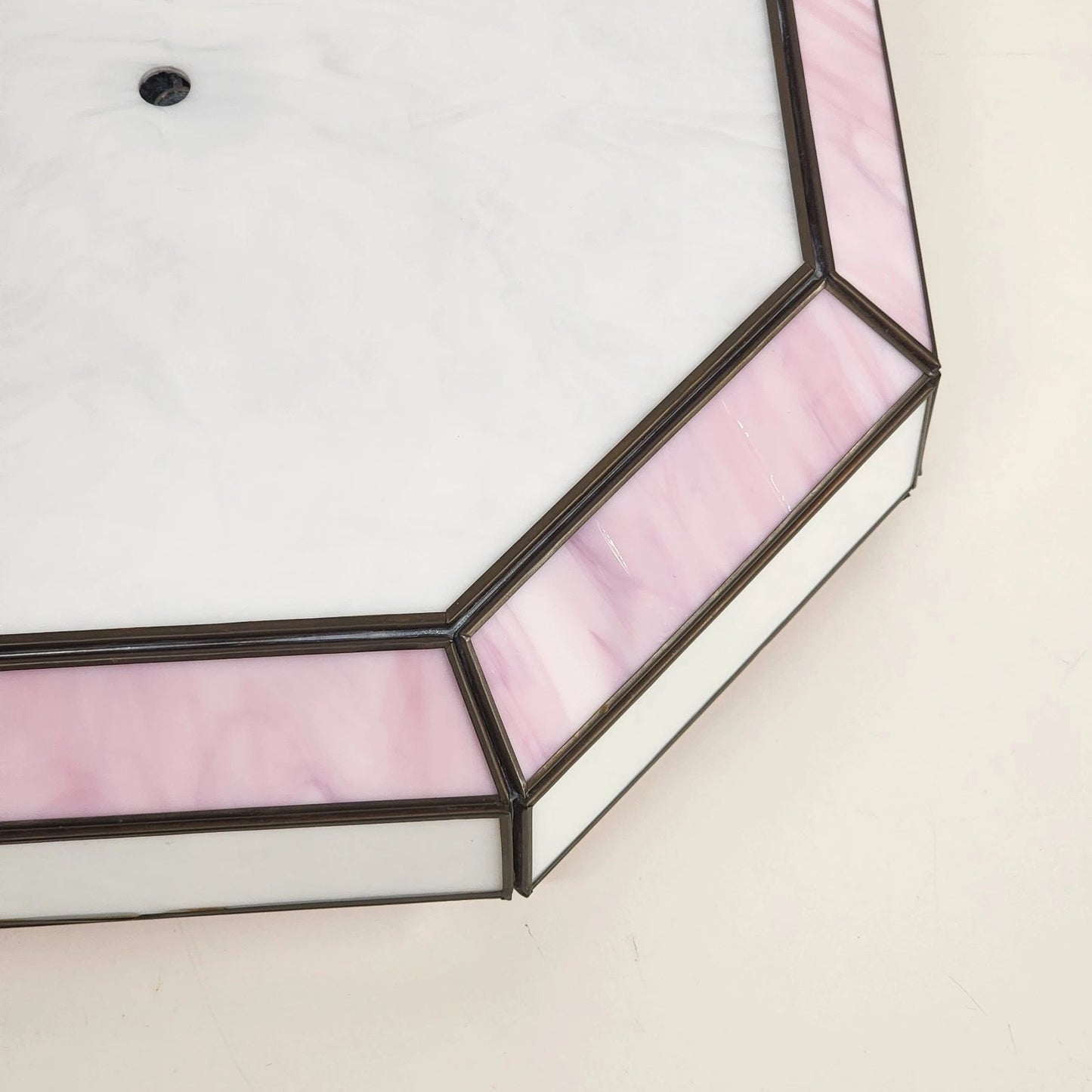 Octagon Leaded Stained Glass Ceiling Lamp Shade Pink White Slag Glass 13”x11"