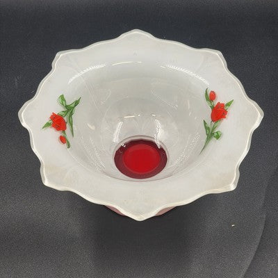 Indiana Glass White Console Flared Footed Bowl w Red Flashed Tulips Ruffled Edge