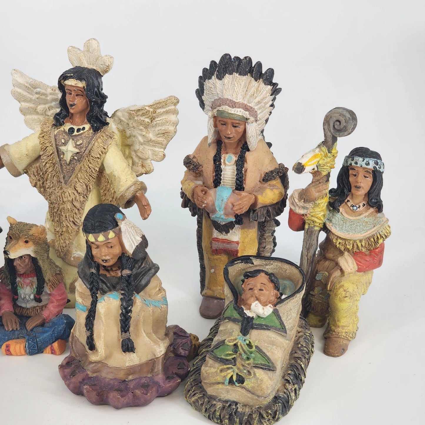 10 pc Native American Set Resin Collectible Figurines 7 People Eagle Horse Bison