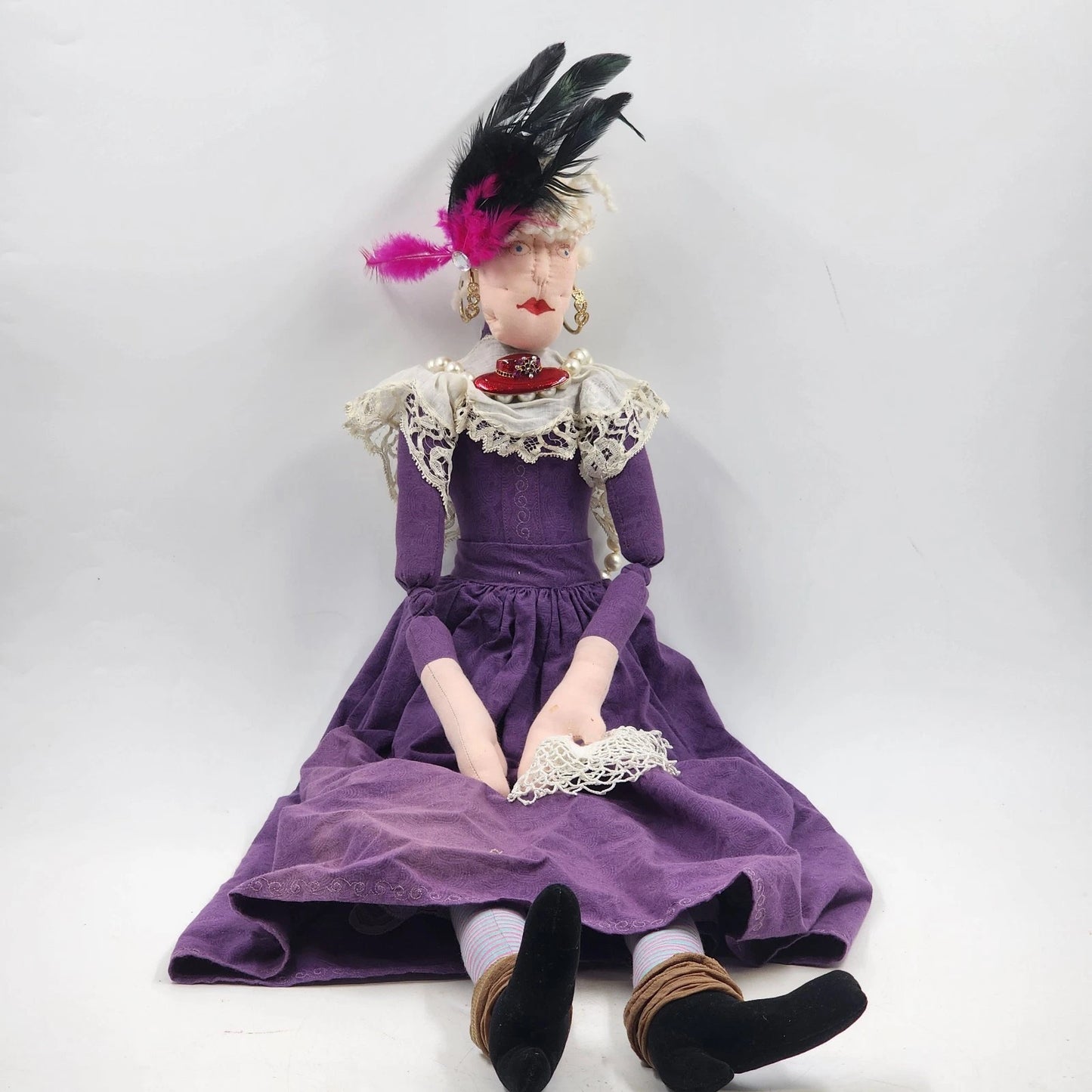 Red Hat Society Cloth Doll 37" OOAK Handmade Purple Dress Vintage Jewelry 2015