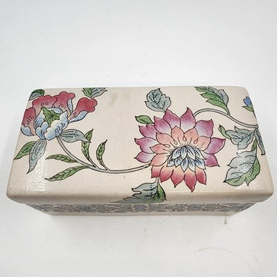 Embossed Ceramic Jewelry Box Macau Hand Painted Pink Blue Floral Design 8"x4"x4"