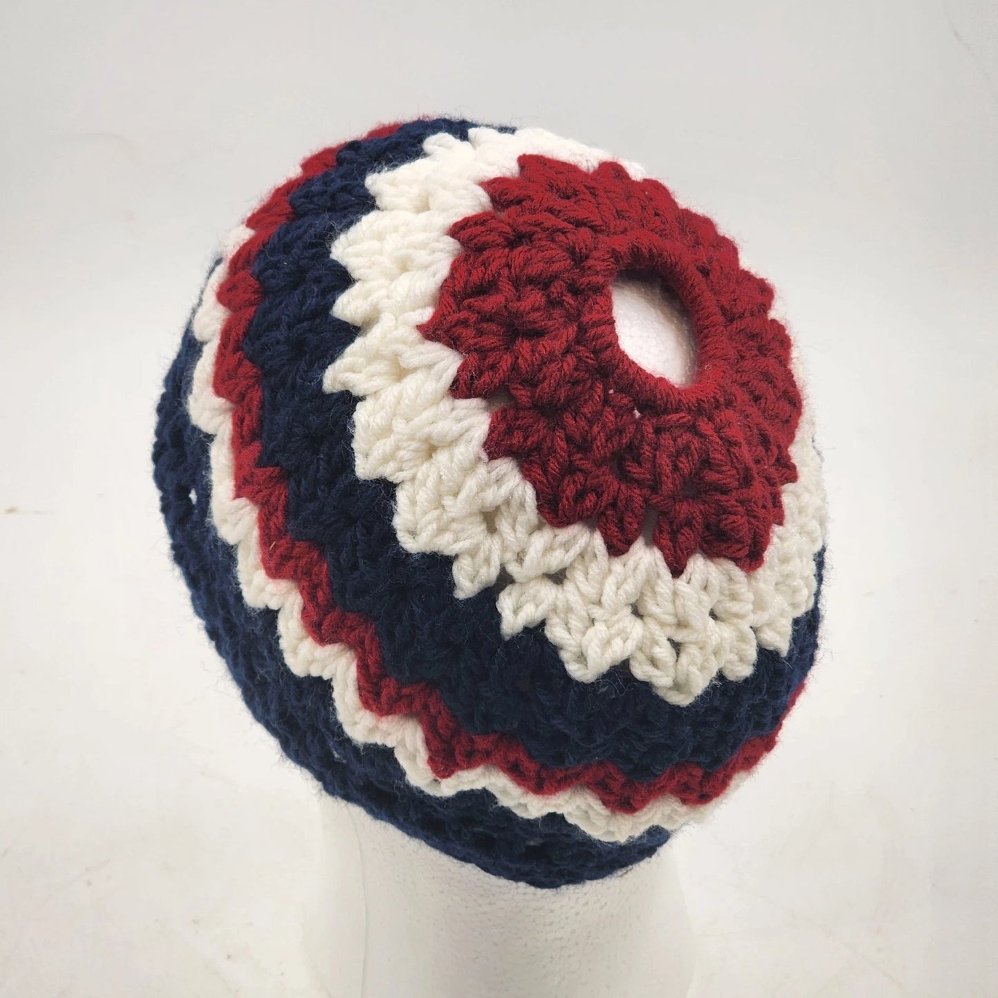 New Handmade Crochet Messy Bun Beanie Navy Blue Red White Ponytail Hat Medium