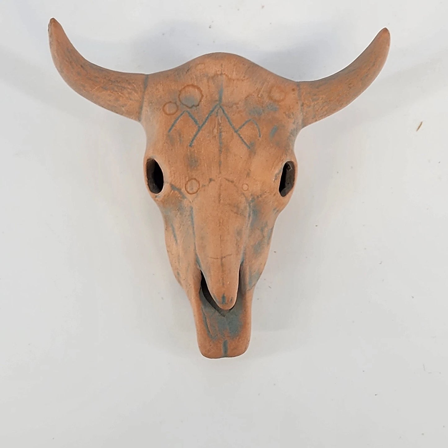 Handcrafted Ceramic Steer Skull 4" Orange Blue Glaze Bull Horns Folk Figurine