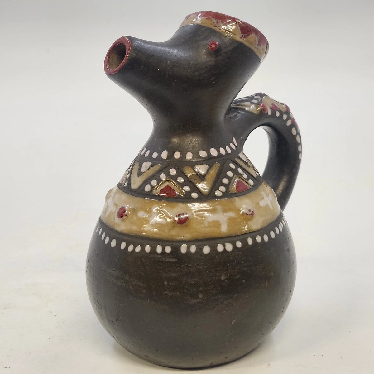 Ukrainian Art Pottery Pitcher Black Red Tan Raised Geometric Elongated Spout Vtg