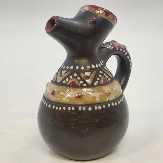 Ukrainian Art Pottery Pitcher Black Red Tan Raised Geometric Elongated Spout Vtg