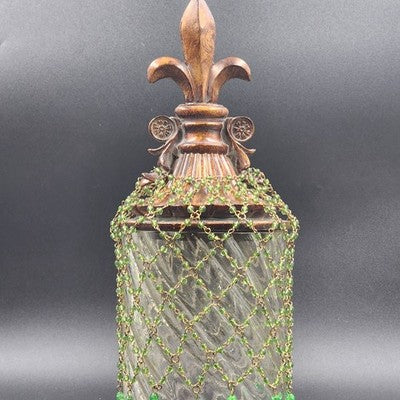 Clear Glass Swirl Decorative Jar w Carved Wood Fleur De Lis Lid & Beaded Chain