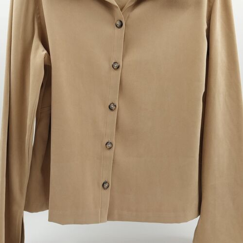 Fashion Bug Button Down Shirt Tan Faux Suede Size XL V Neck Cape Sleeve Vented