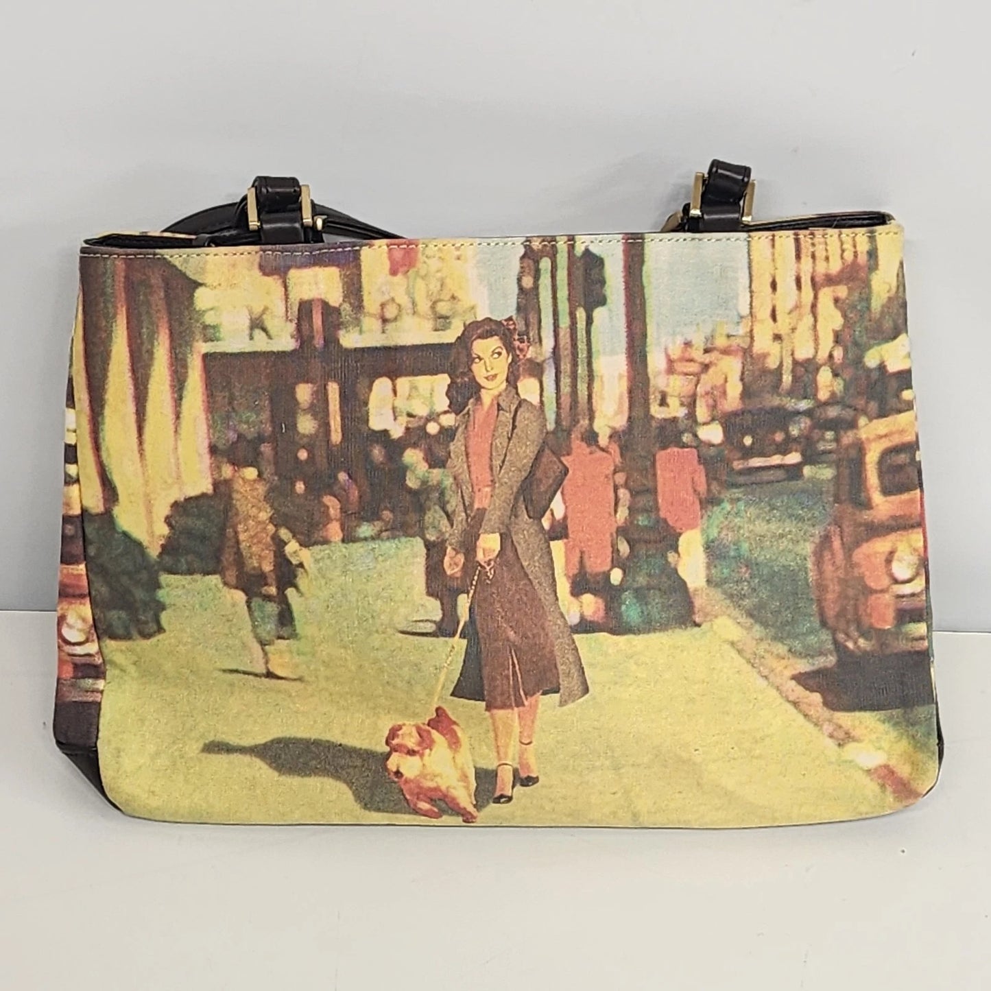 Artisan Canvas and Leather Tote Bag Lady on Boardwalk Graphic Art Purse Unique