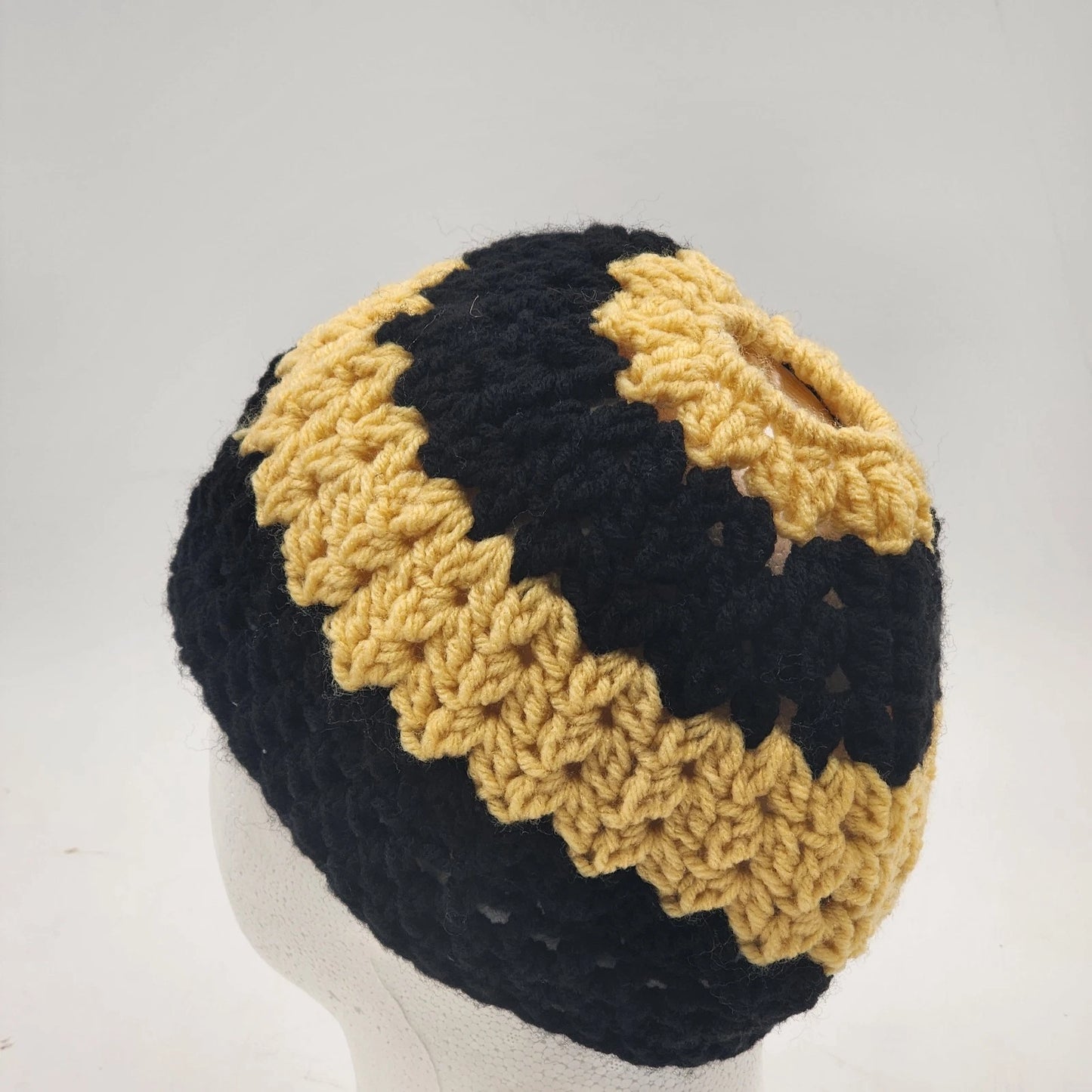 Handmade Crochet Messy Bun Beanie Hat Black Yellow Striped Ponytail Cap Medium