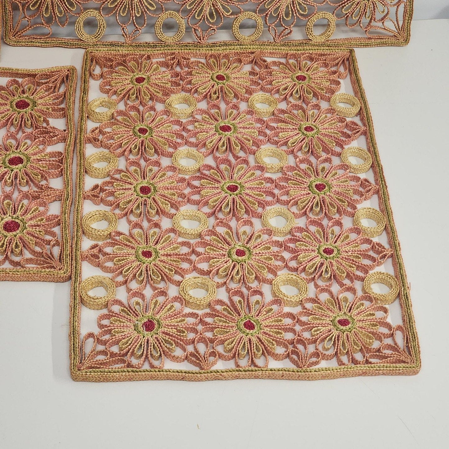 Raffia Ratan Sunburst Placemats Set 4 Boho Woven Orange Red Yellow Table Decor 17.5"