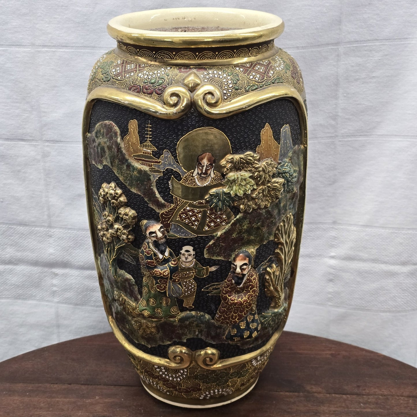 Antique Japanese Moriage Satsuma Vase Lamp Base Gold Gilt Raised High Relief 14"