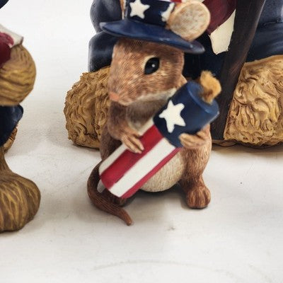 Set of 3 Patriotic Teddy Bear Figurines w Mouse 4th of July Stars & Stripes USA