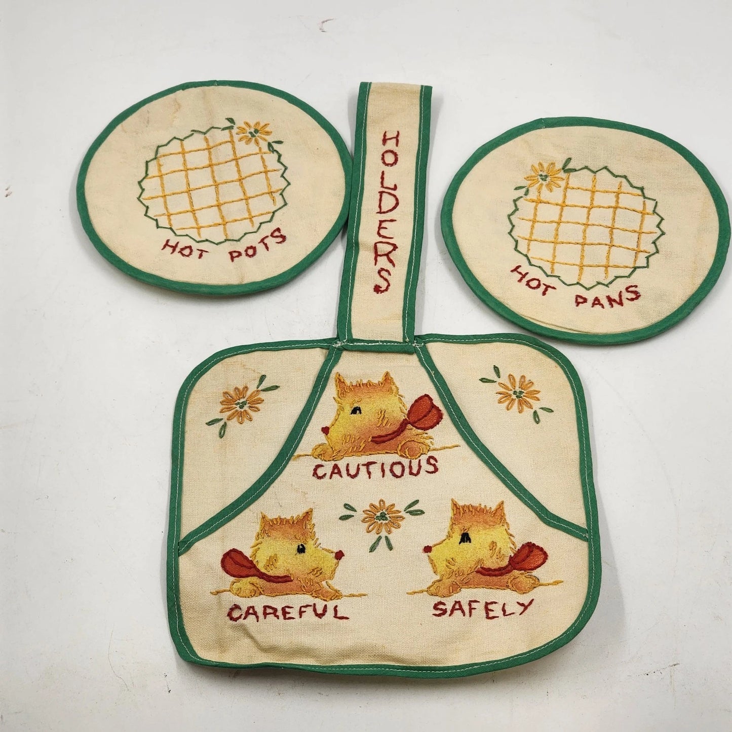 3 Pot Holder Set 1 Sq 2 Round Strap Yellow & Green Embroidery Be Safe Puppy Vtg