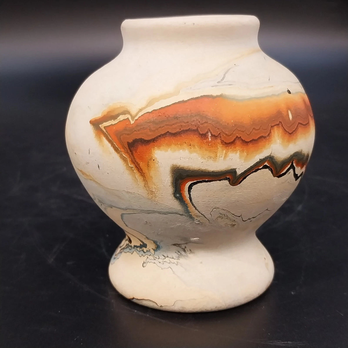 Nemadji Indian Pottery Pedestal Vase Brown Black Marbled Swirl 3.75" Vintage USA