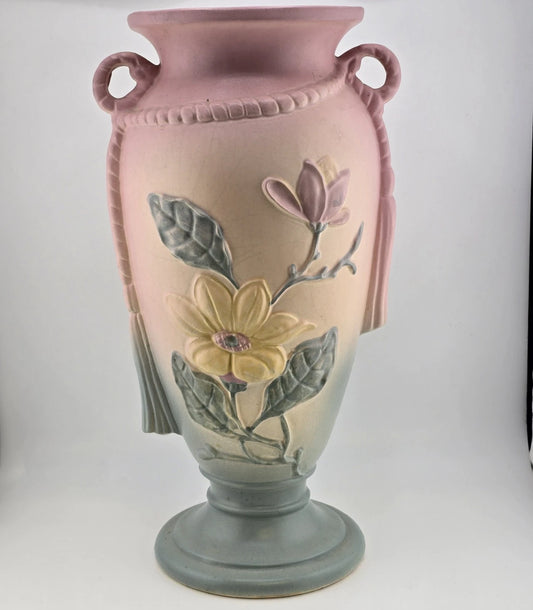 Magnolia Trophy Vase Hull Art Pottery 12.5" Matte Pink Flower Tassel Handle