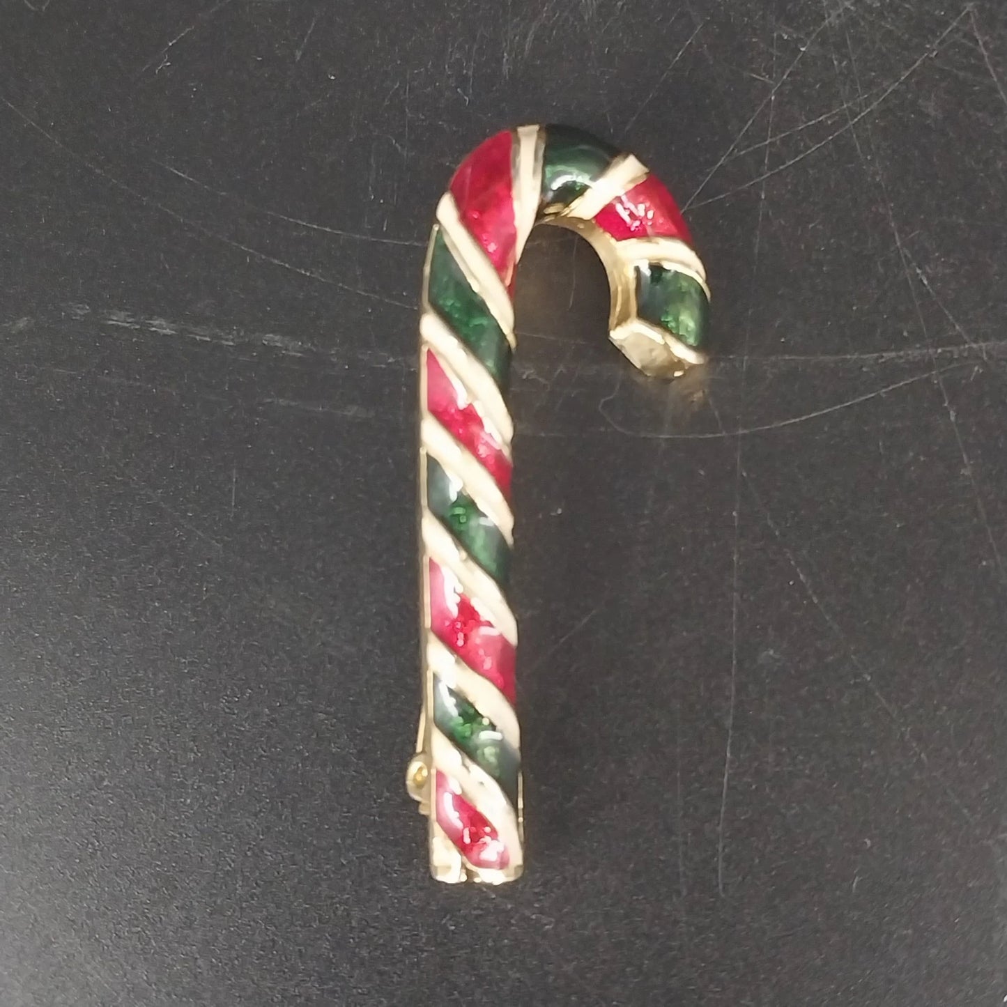 Candy Cane Christmas Brooch Pin Gold Tone Red Green Enamel 2" Holiday Vintage