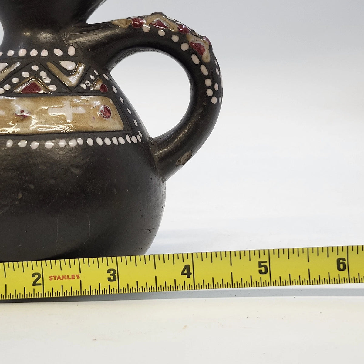 Ukrainian Art Pottery Pitcher Black Red Tan Raised Geometric Elongated Spout Vtg