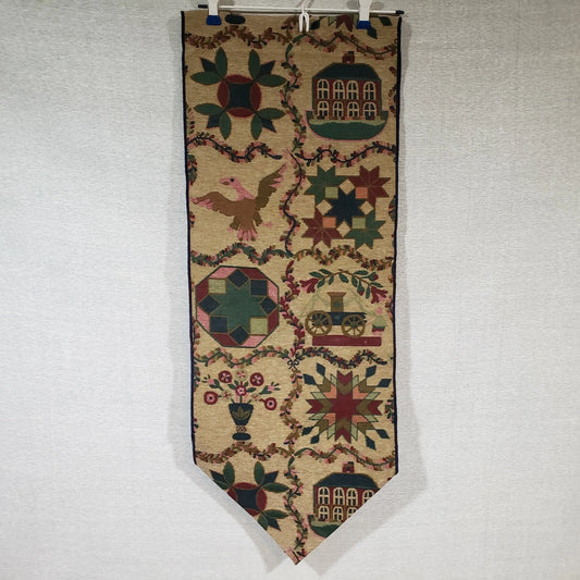 Bohemian Tapestry Table Runner Tan with Red & Green Pattern 70"x13.5" Boho Decor