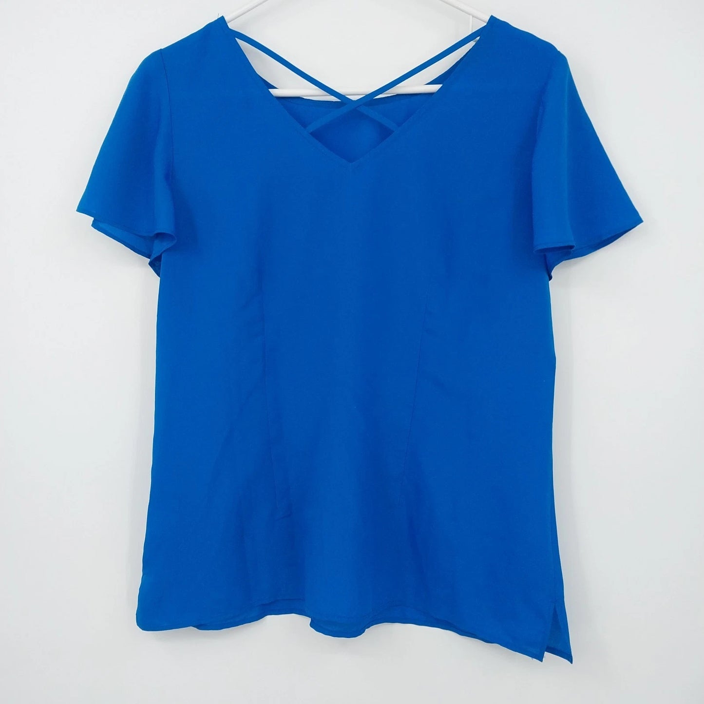 Talbots Petites Blue Chiffon Blouse Flutter Sleeve V Neck Women's MP Polyester