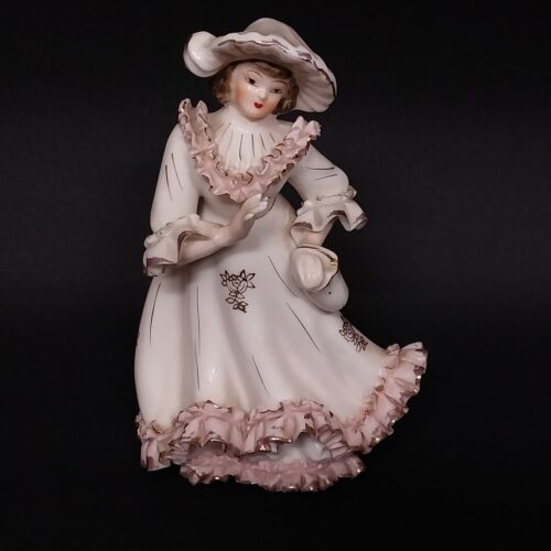 Victorian Lady Figurine Shafford Porcelain 2062 Japan White Pink & Gold Trim Vtg