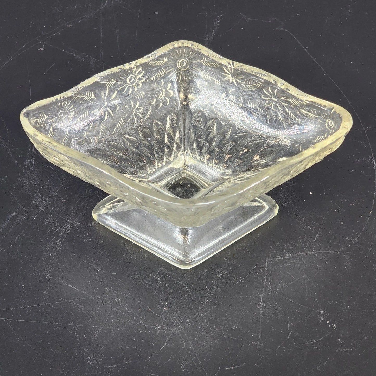 Indiana Compote Pedestal Candy Dish Clear Glass Pineapple & Floral Diamond 6.5"