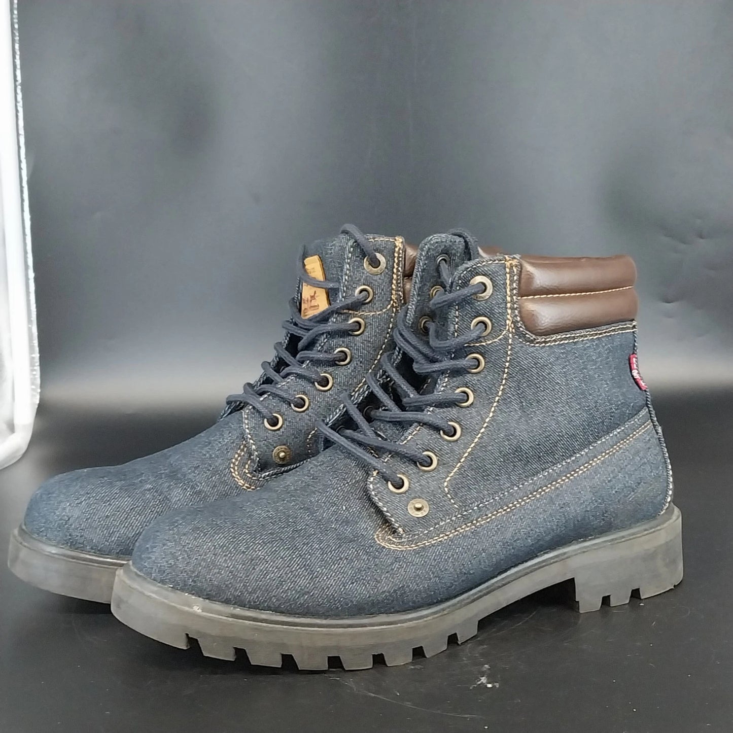 Levi's Solvano Mid Blue Denim Lace Up Ankle Boots Men's 9.5 Brown Padded Collar
