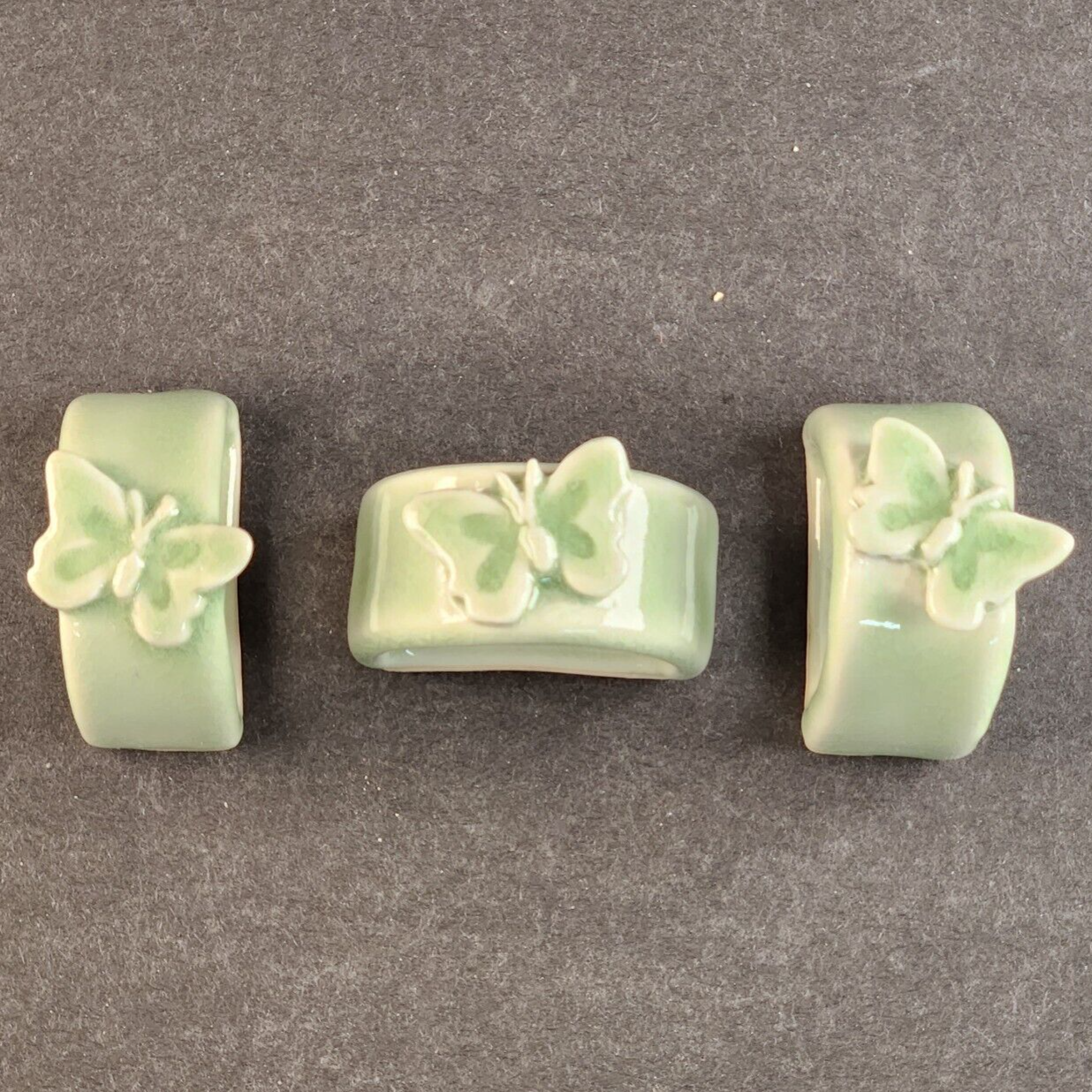 3 Thai Celadon Ceramic Green Butterfly Pattern Vintage Oval Napkin Rings