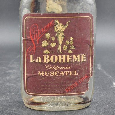 Rare Empty Supreme La Bohème California Muscatel Pint Glass Bottle Paper Labels