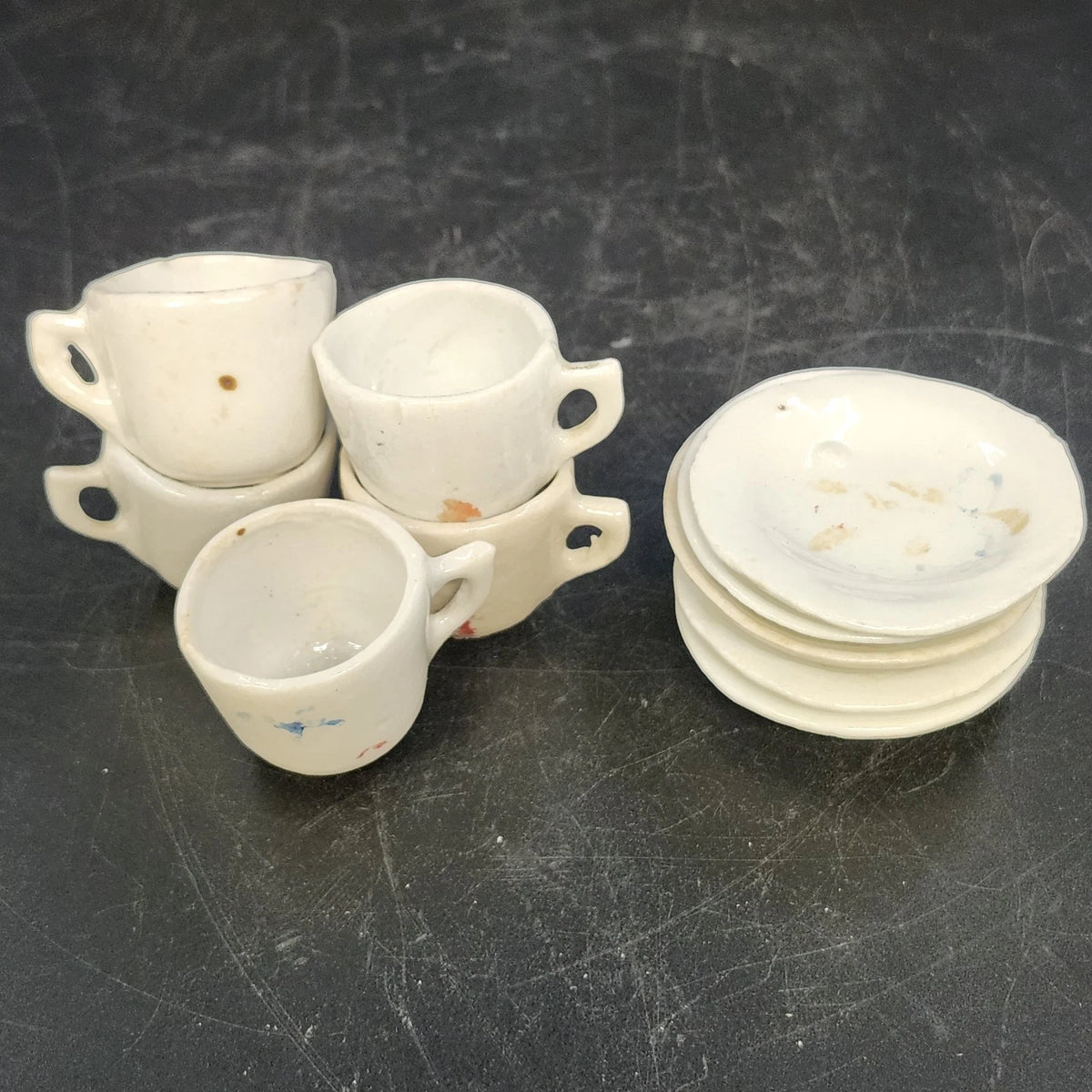 Miniature Tea Set Hand Made White Studio Porcelain Cups Saucers 2" 10pc Vintage