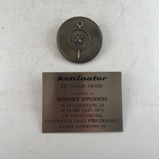 Kelvinator Dealer Award Plaque 34 Years Sales Recognition Vintage Key Sign