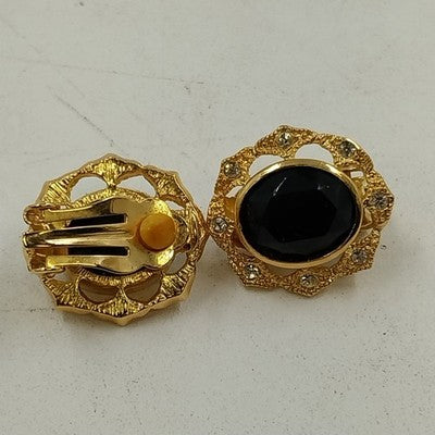 Gold Tone Black Stone & Clear Rhinestones Clip On Earrings