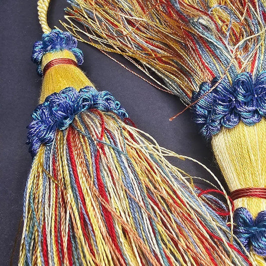 2 Tassel Tiebacks Blue Gold Wood Cord Country Farmhouse Curtain Drape Vintage