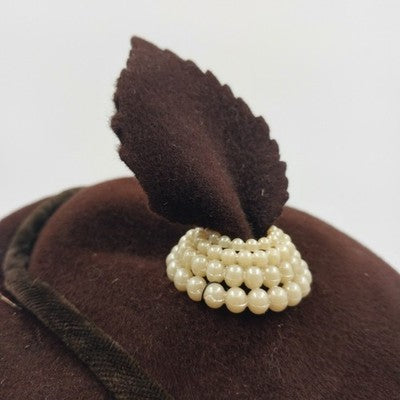 Genuine Velour Ladies Brown Felt Hat with Leaf and Round White Pearl Accent