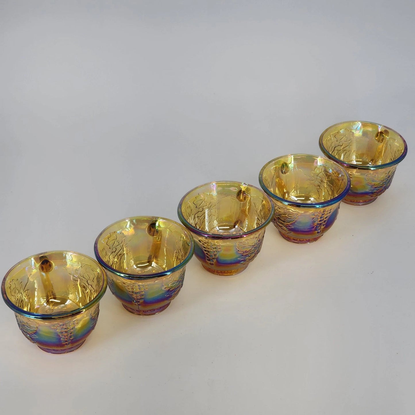 5 Harvest Grape Punch Cups Marigold Iridescent Indiana Glass Carnival Vintage