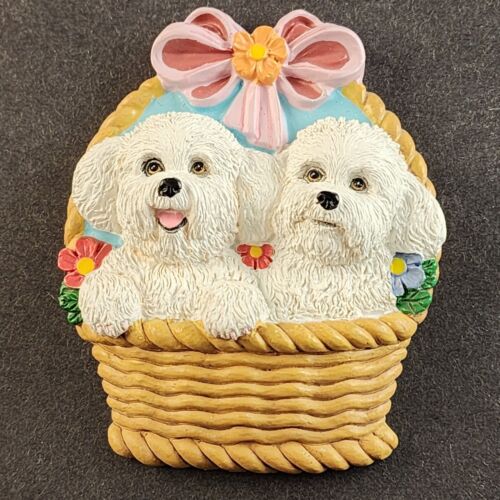 Bichon Frise Refrigerator Magnet 2 Puppies in Basket Figurine Willabee Ward MBI