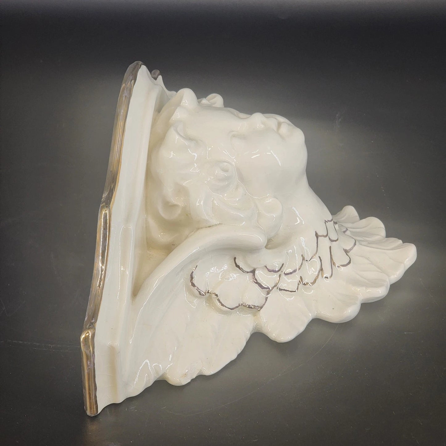 Cherub Ceramic Wall Shelves 2pc Set White Gold Trim Angel Display Decor