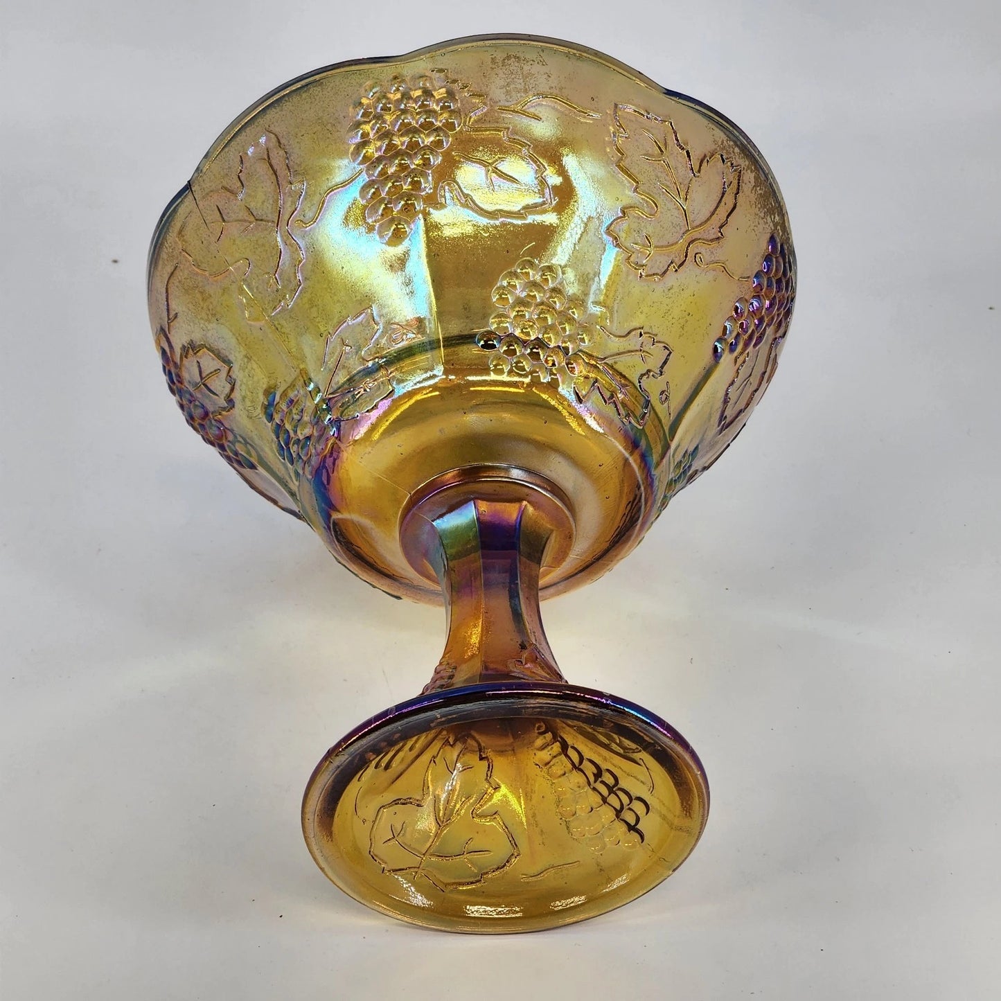 Indiana Glass Harvest Grape Compote Marigold Carnival Pedestal Bowl 8.5" Vintage