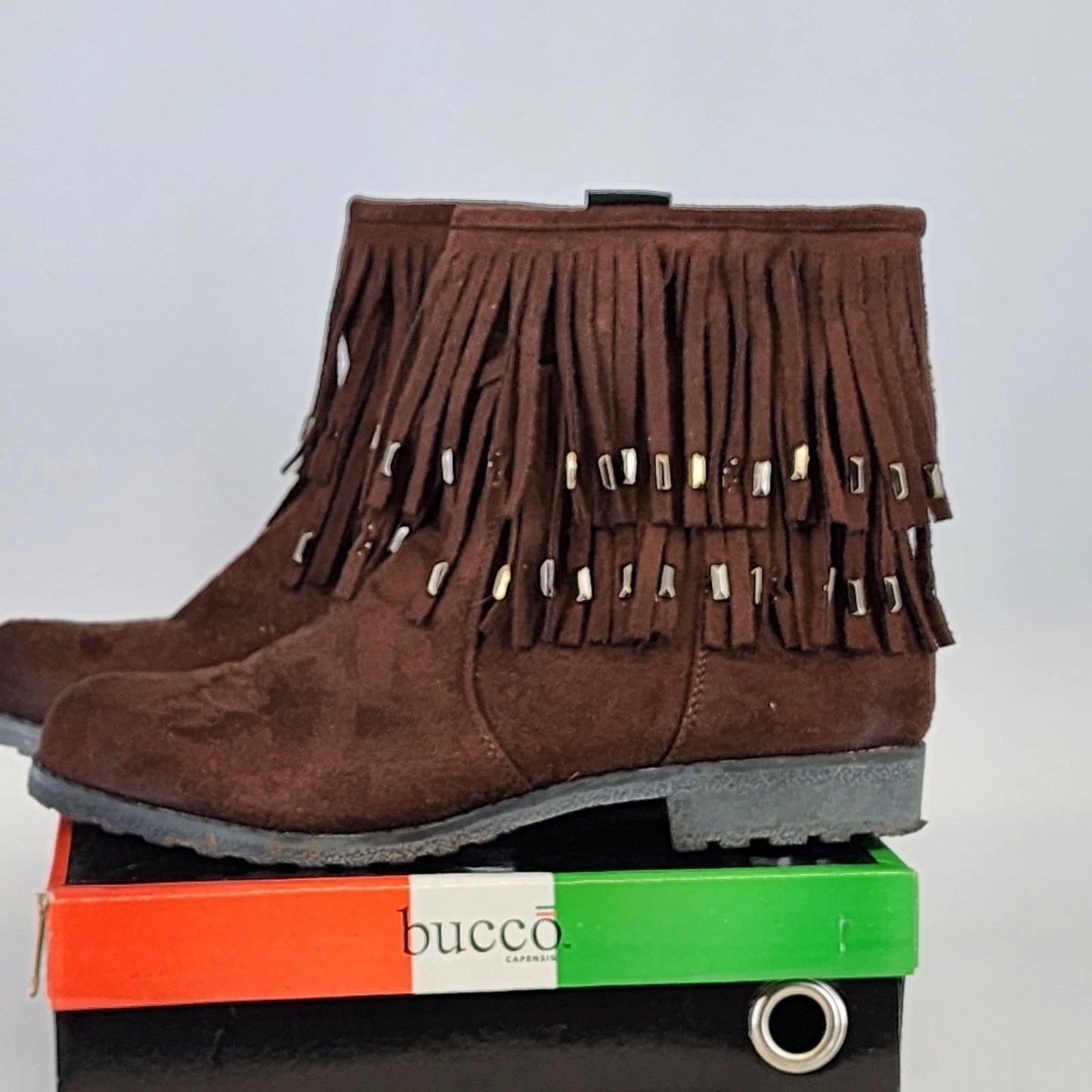 Bucco Capensis Fawn Ankle Boots Brown Faux Suede Studded Fringe Women 8.5