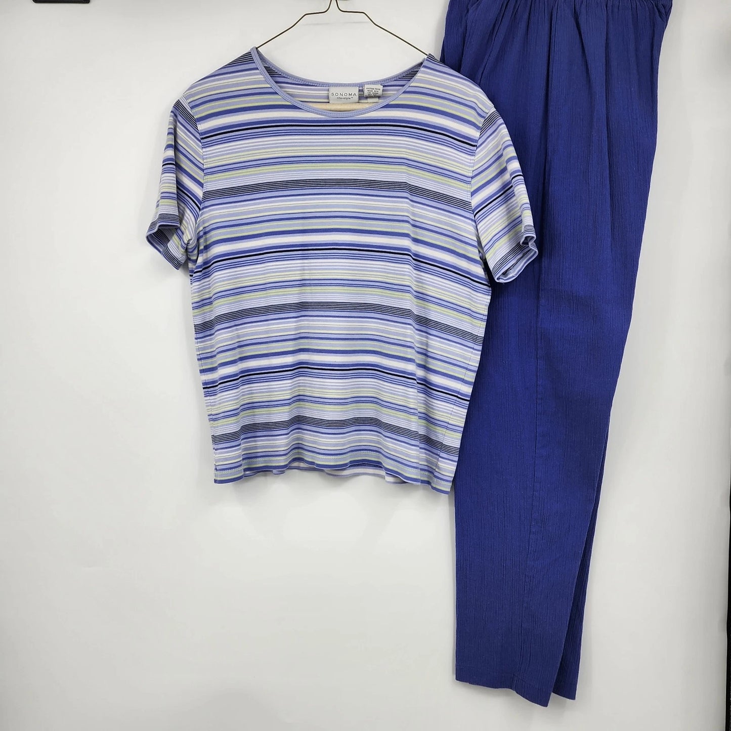 Sonoma Life Style 2 Pc Set Women's L Striped Top Blue Pants Cotton Loungewear